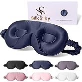 SilkSilky 100% 22 Momme Mulberry Silk Sleep Mask, Dark Blue | Upgraded 3D Contoured Eye Mask with Nose Wing Pads &amp; Adjustable Strap, Luxury Blackout Eye Cover for Women &amp; Men