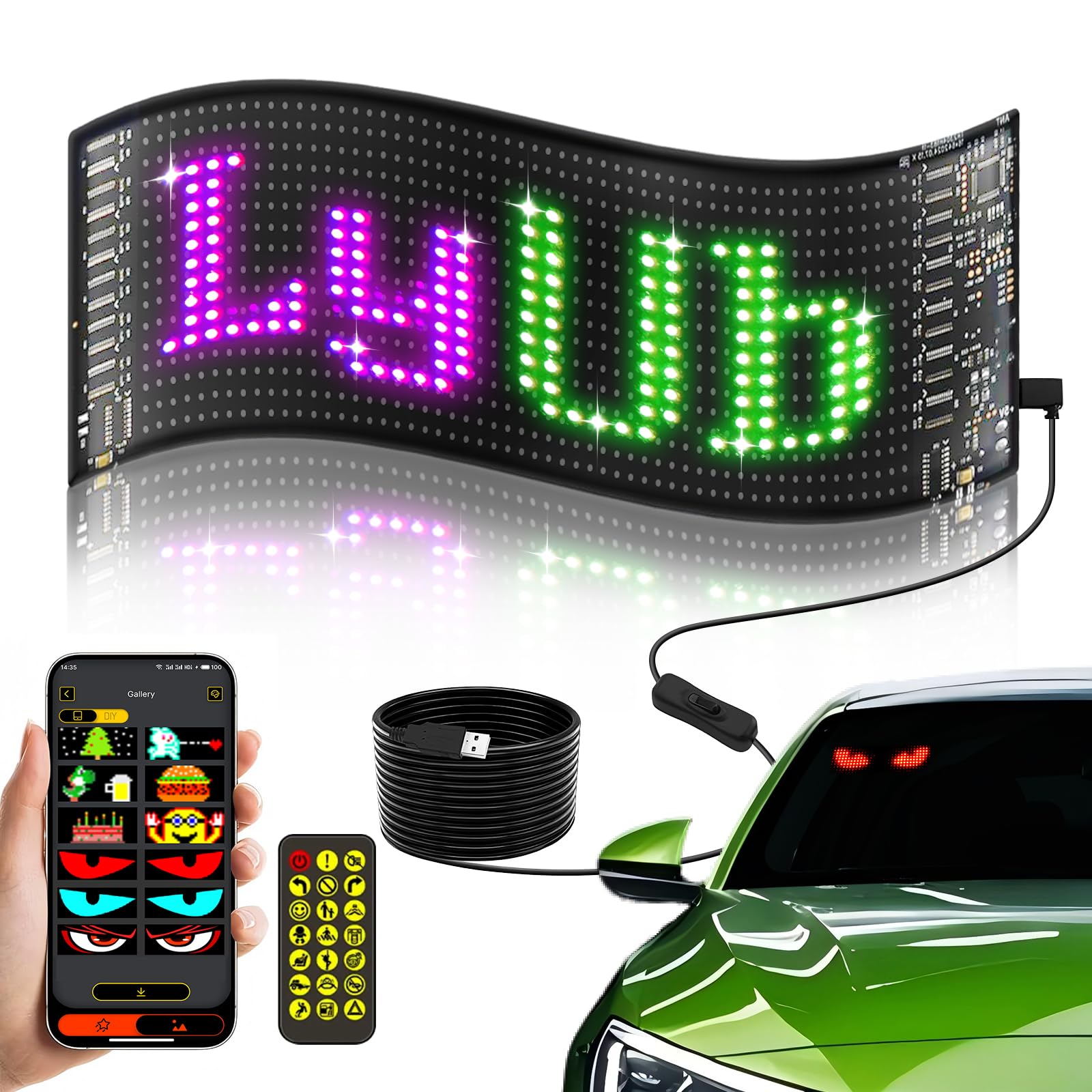 Photo 1 of MIMIRGB Car LED Sign DIY Programmable Scrolling LED Display 7"x3" USB 5V Matrix Panel, Bluetooth App Control, Custom Text & Animation Light Signs for Store Car Hotel Event Festival