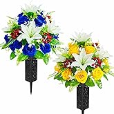 RUMEAVAO 2 Sets Artificial Silk Cemetery Flowers, Memorial Flowers for Gravesite, Blue & Yellow Roses Lily Bouquet, Memorial Day Mother's Day Grave Decorations