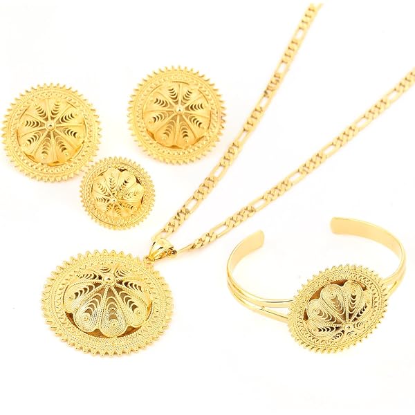 Ethiopian Habesha Gold Cross Jewelry Set – African Trendy Cross Necklace & Earrings Set, 24K Gold Plated Brass, Gift Boxed
