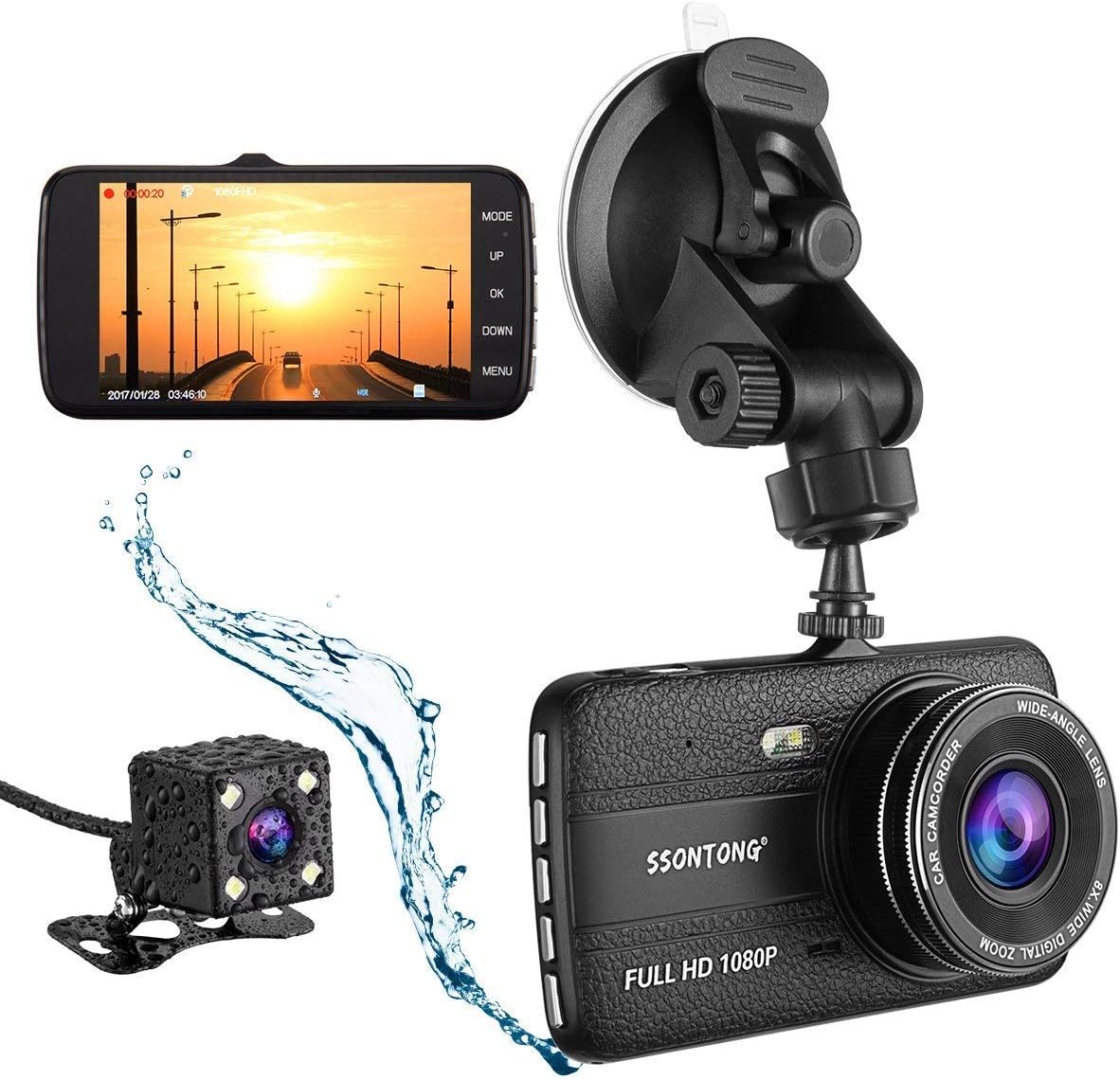 Dash Cams for Cars 32GB SD Included, Ssontong Dashcam FHD 1080P Front & 720P Rear Dual Car Dash Camera, 4"LCD Screen,170ยฐWide Angle WDR Video Loop Recording with Night Vision, G-Sensor, Parking Guard
