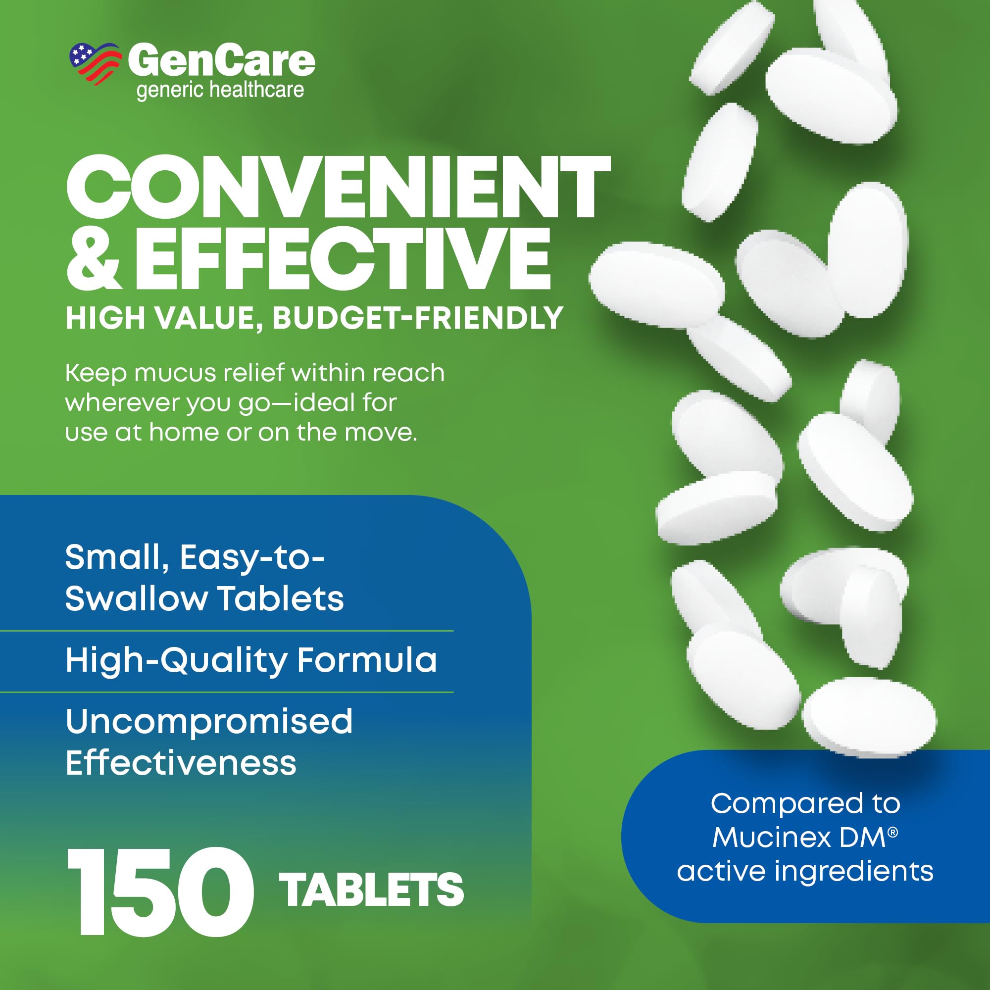 GenCare Mucus Relief DM (150 Count Value Bottle) Dextromethorphan HBr 20mg Guaifenesin 400mg | Generic Mucus Relief DM | Immediate Release Uncoated Cough & Mucus Expectorant Pill
