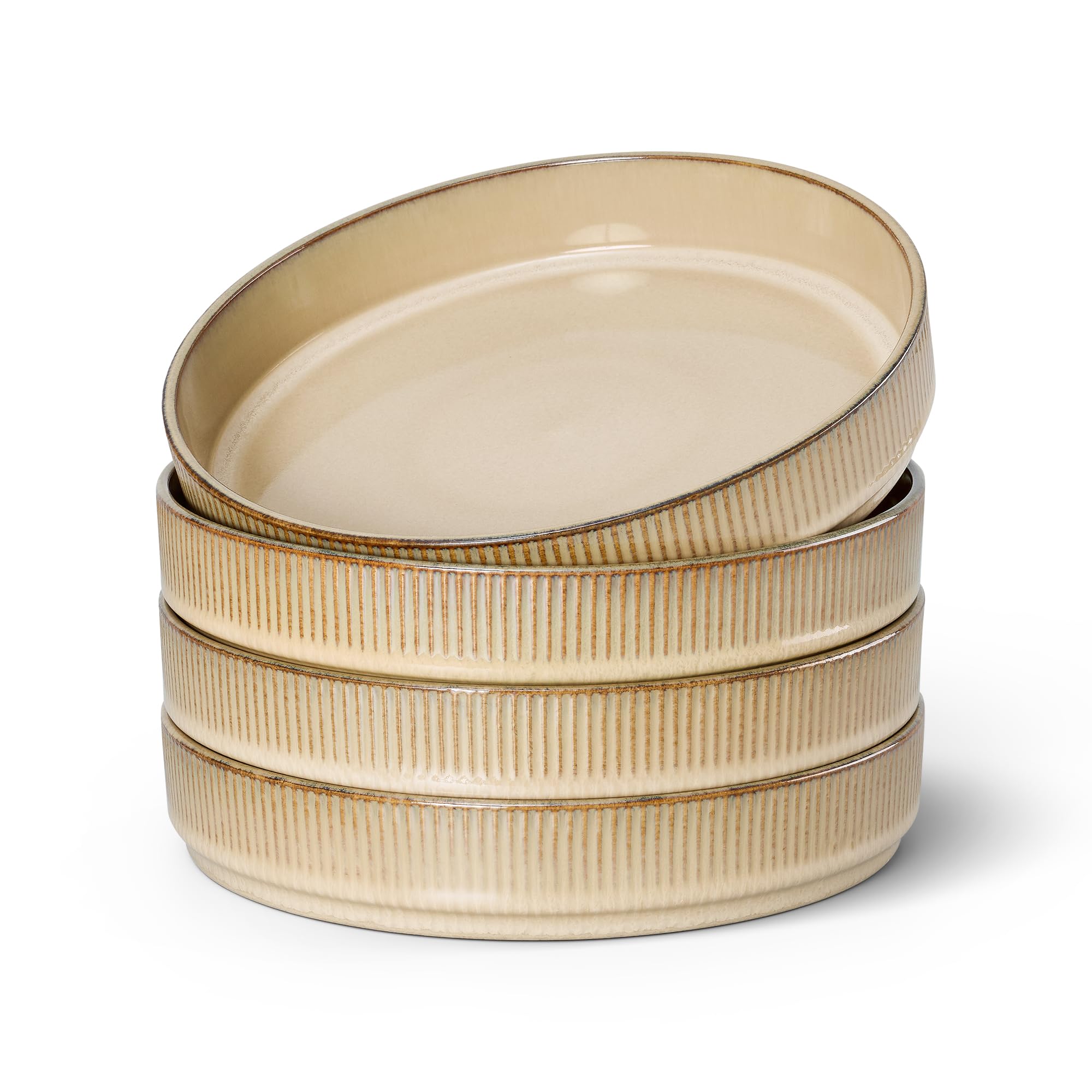 Photo 1 of **MISSING 1 PLATE** E-far Pasta Bowls Set of 4, 35oz Large Salad Bowl Plate for Dinner Serving, Wide & Shallow Ceramic Stoneware Pasta Plate, Microwave & Dishwasher Safe, Reactive Glaze Textured Stripe, Caramel Khaki