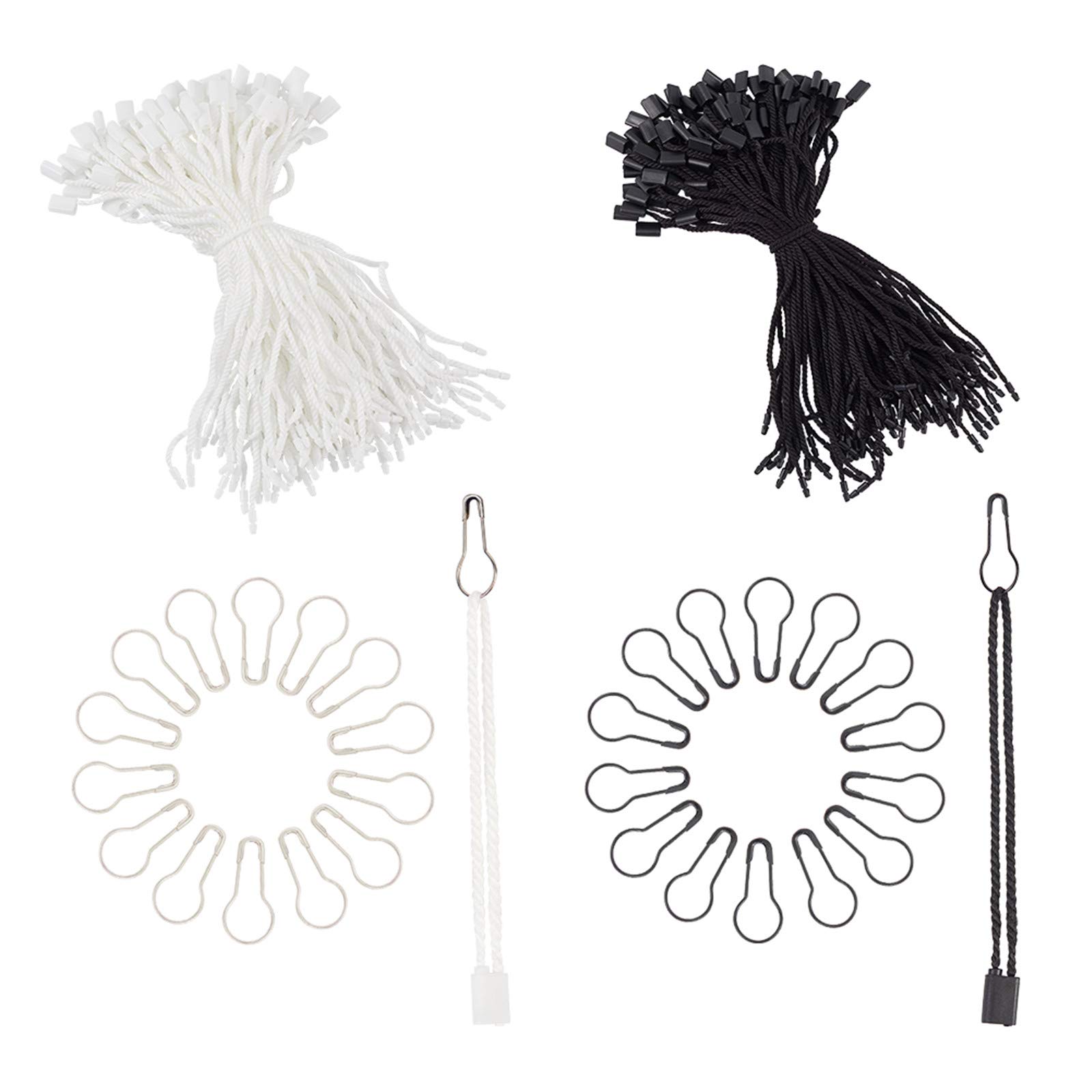 NBEADS 600 Pcs Hang Tag Strings, Nylon Cord Snap Lock Pin Loop Fastener Hook Ties with 200 Pcs Pins for DIY Gift Tags, Black and White