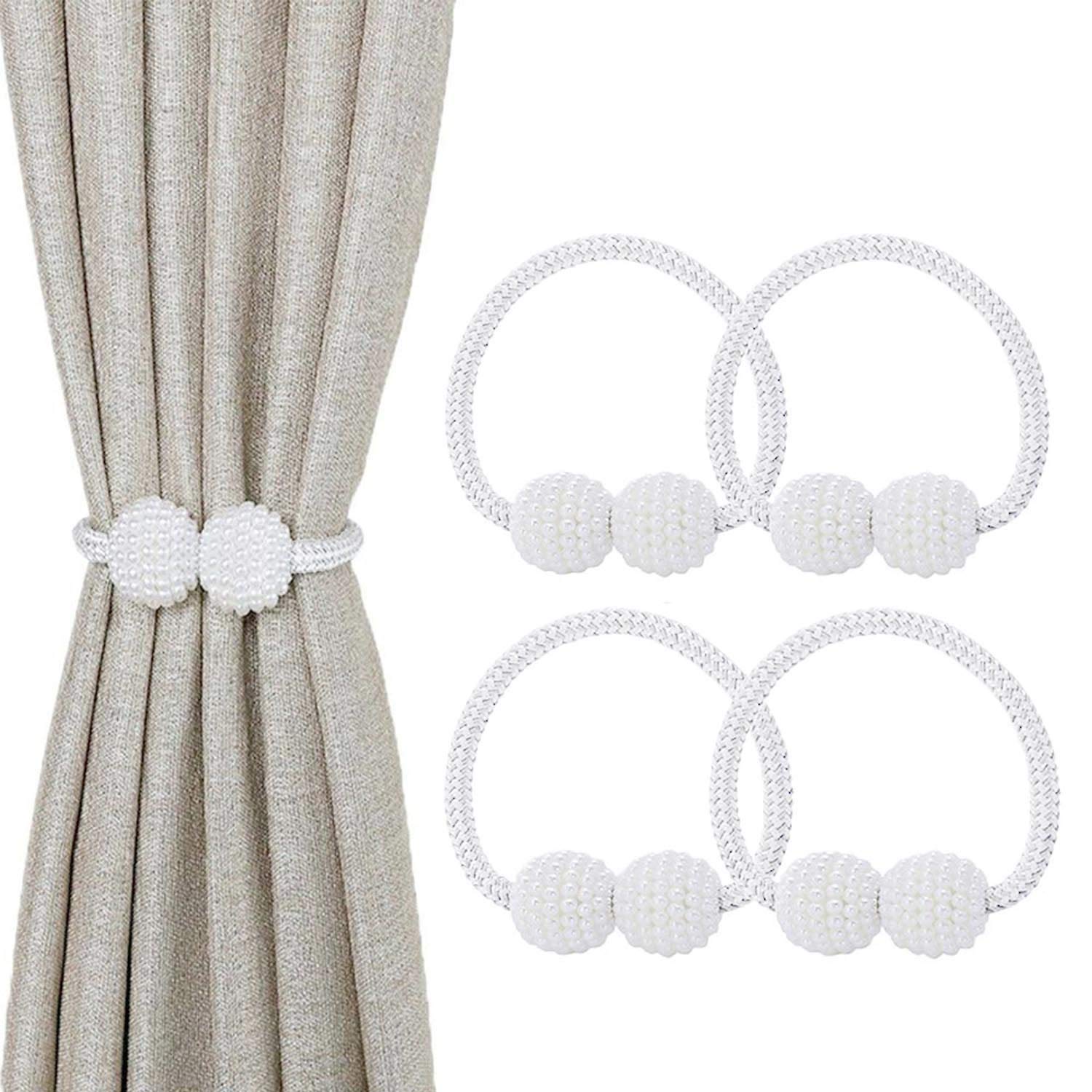 Magnetic Curtain Tie Backs & Clips - Rope Holders for Home, Office & Hotel Windows (4-PACK, White)