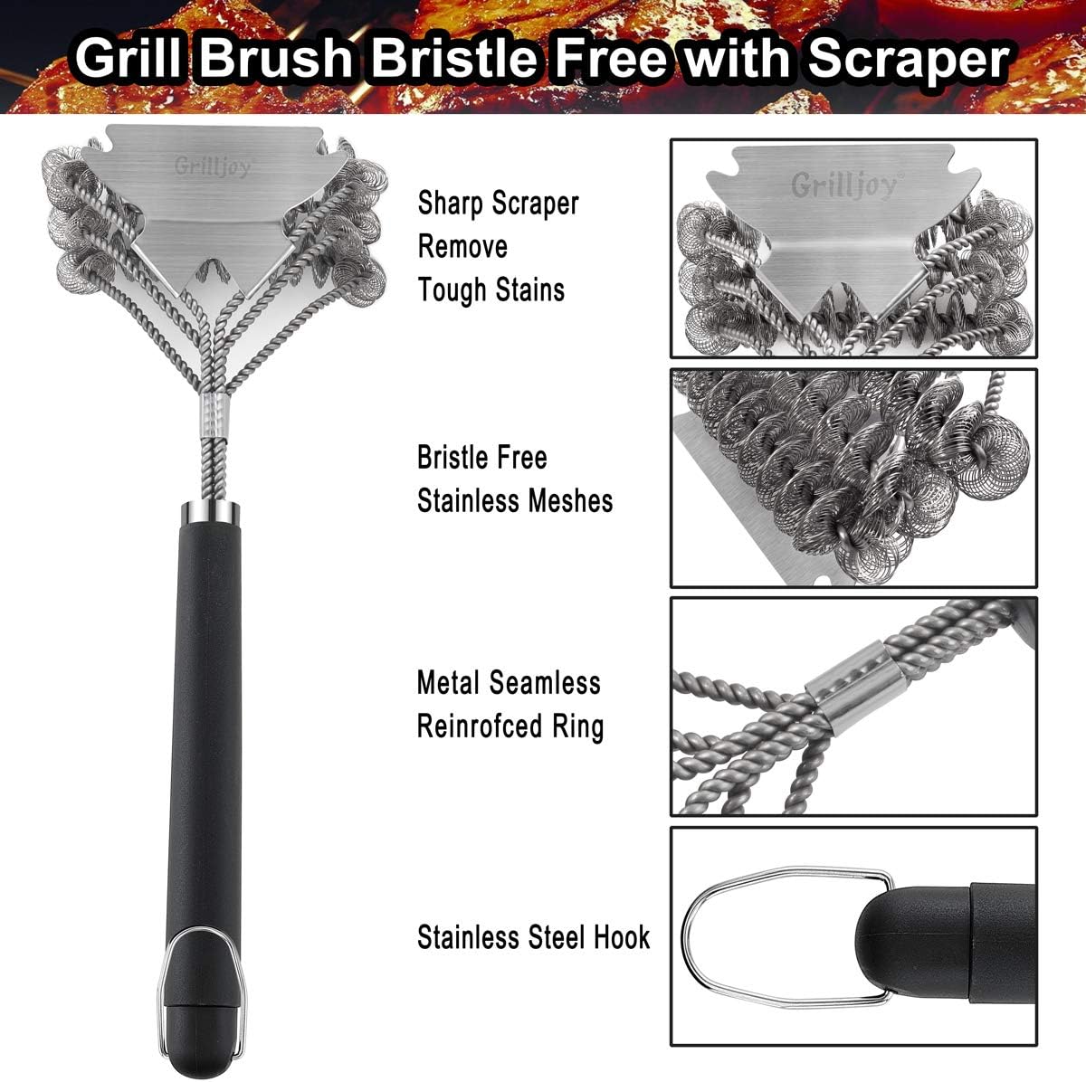 grilljoy 18in Grill Cleaning Brush Bristle Free - Safe BBQ Cleaning Grill Brush with Extra Wide Scraper for Gas/Charcoal Porcelain/Ceramic/Iron/Steel Grill Grates- Ideal BBQ Grill Accessories: Home & Kitchen