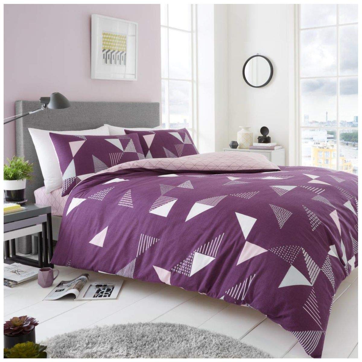 GC GAVENO CAVAILIA Gaveno Cavailia Contemporary Triangle Motif Cover Quilt Pillow Case, Reversible, Poly Cotton, Marco Purple, Size Bedding, Polycotton, King Duvet Set