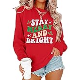 Merry and Bright Sweatshirt Women Merry Christmas Letter Print Long Sleeve Sweater Xmas Crewneck Pullover Casual Blouse Tops