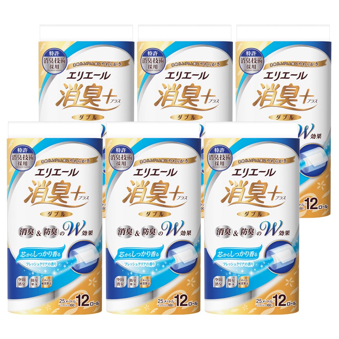 エリエール トイレットペーパー 消臭プラス 25m×72ロール(12ロール×6パック) ダブル パルプ100% しっかり香る フレッシュクリアの香り 【ケース販売】商品画像
