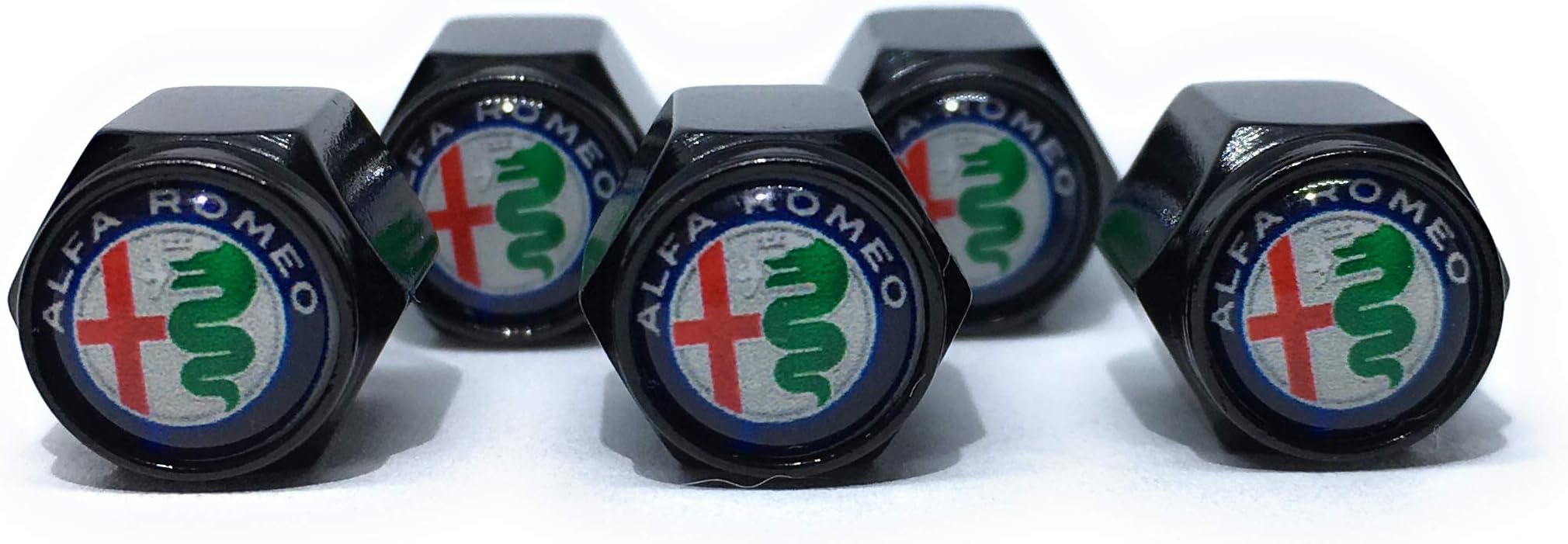 Buycleverly Tire Valve Stem Caps Set/5 Pcs for Alfa Romeo Emblem Metal Vehicles Car Suv's Stelvio Giulia 4C Spider QUADRIFOGLIO