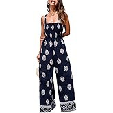 CUPSHE Women Paisley Summer Jumpsuits Beach Vacation Square Neck Sleeveless Smocked High Waist Wide Leg Jumpsuit