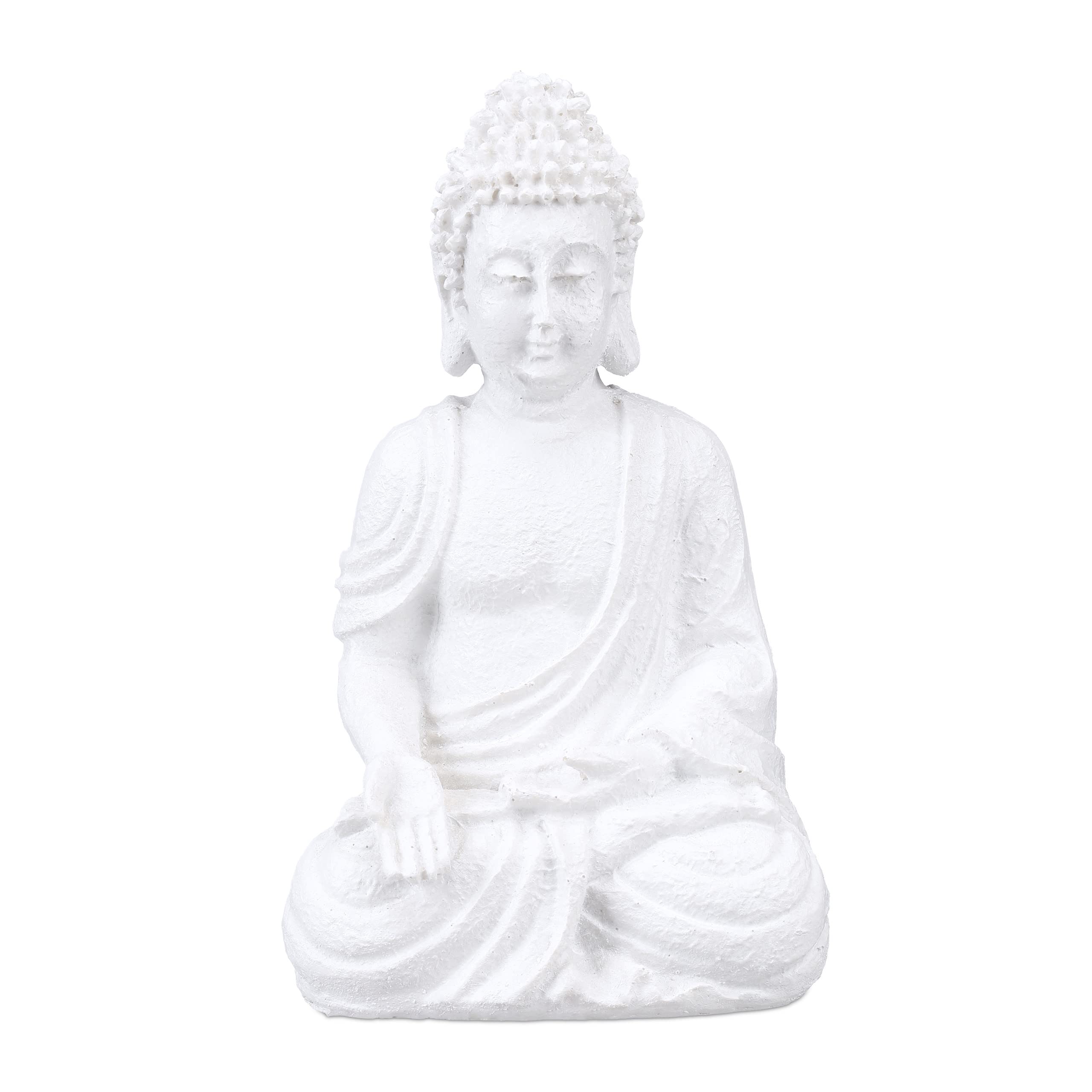 Relaxdays Buddha Statue, 17.5 cm Height, Garden Decoration, Weather and Frost Resistant, Living Room Deco, White