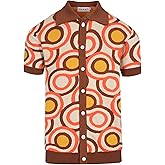OXKNIT Men's Knitted Vintage Poloshirt, 1960s Mod Style Retro Irregular Round Polo Shirt with Button Beige Brown