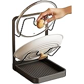 amader Pot Lid Holder & Spoon Rest, 2026 Upgraded Multifunctional Kitchen Organizer Rack with Removable Drip Tray, Space-Saving Countertop Stove Top Storage for Pots Pans (Gray-01)