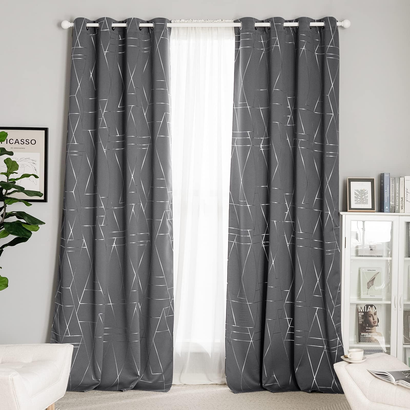 NICETOWN Blackout Curtains for Bedroom, Triangles Abstract Lines Geometric Pattern Energy Saving Thermal Insulated Grommet Blackout Draperies for Patio Hall Studio (2 Panels, 52-inch x 95-inch, Grey) Image
