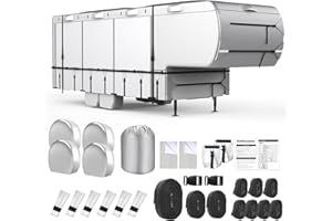 DenForste 5th Wheel RV Cover, 41'-45' Camper Cover, 420D Oxford Cloth UV Protected Travel Trailer Cover, Wind and Water Resistant with Extra Harness, Tire Cover and Gutter Cover