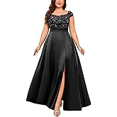 MISSMAY Women's Plus Size Sequin Lace Off Shoulder Satin Slit Formal Evening Party Maxi Dress