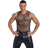 Men's Rhinestone Mesh Top Fishnet Tank Top Sexy Sleeveless Cropped Shirt Rave Outfit Sheer Nightclub Party Vest