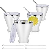 SuperCook Stainless Steel Martini Glass with Lid, Double Wall Vacuum Insulated Stemless Cocktail Glasses, Stay Icy Cold Wine Tumbler with Straw, Set of 4, 12 Oz, White