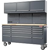 HAUTMEC 72" Rolling Tool Chest with 15 Lockable Drawers &amp; 3 Upper Cabinets, Heavy-Duty 16-Gauge Steel Garage Workbench with Solid Oak Top, ETL Power Strip, Pegboard &amp; 51 Hooks (HT0428)