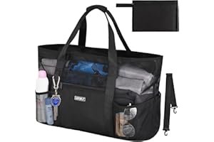 BUBM Beach Bag,Extra Large Mesh Travel Tote Bag Waterproof Sandproof with 10 Pockets for Beach Essentials,Lightweight & Foldable Pool Bag for Travel Carrying All Items for Family