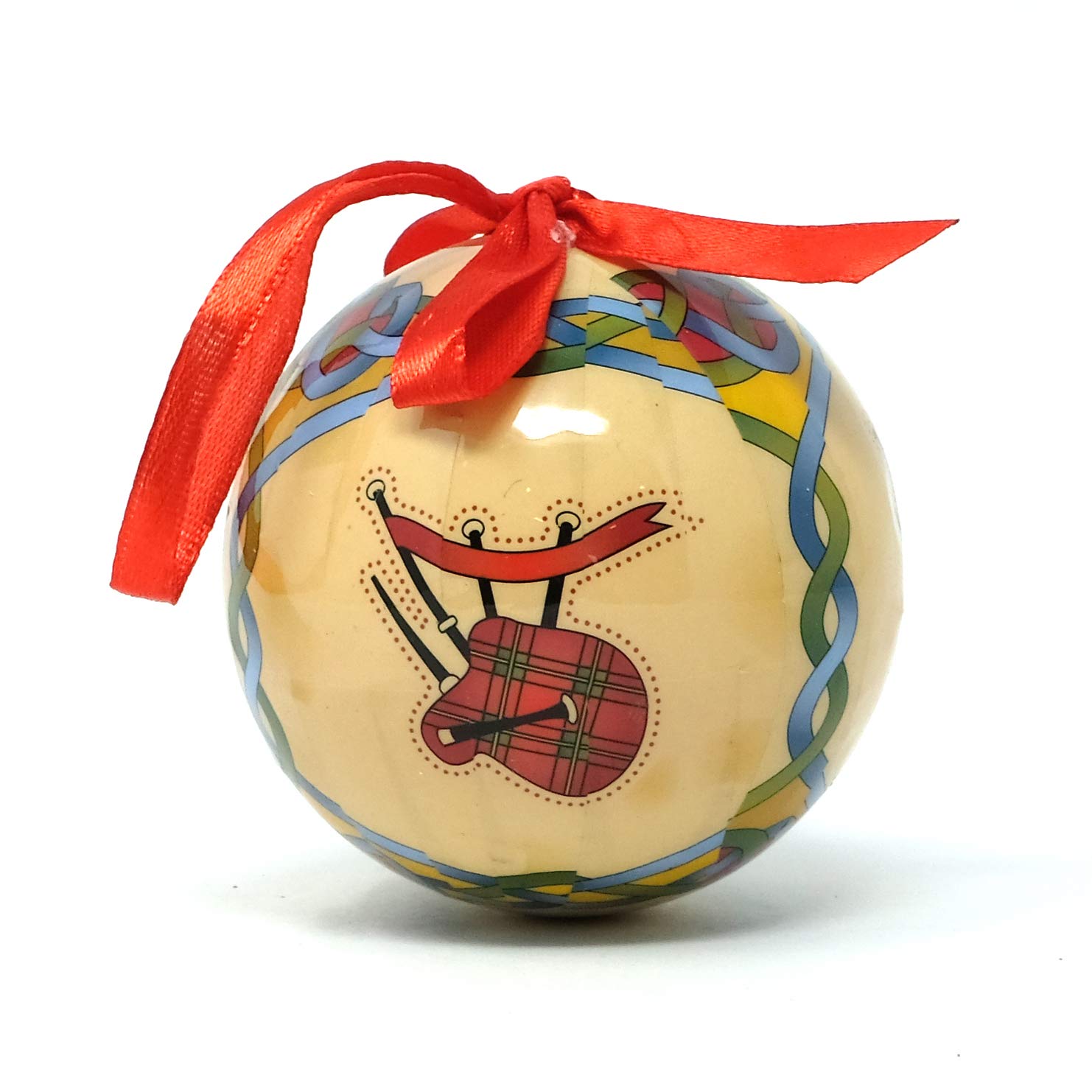 Scottish Christmas Bauble with Pipes Handcrafted Design | Scotland Snow Globes Tree Decoration Gift Scottish Weave | 7.5cm Round