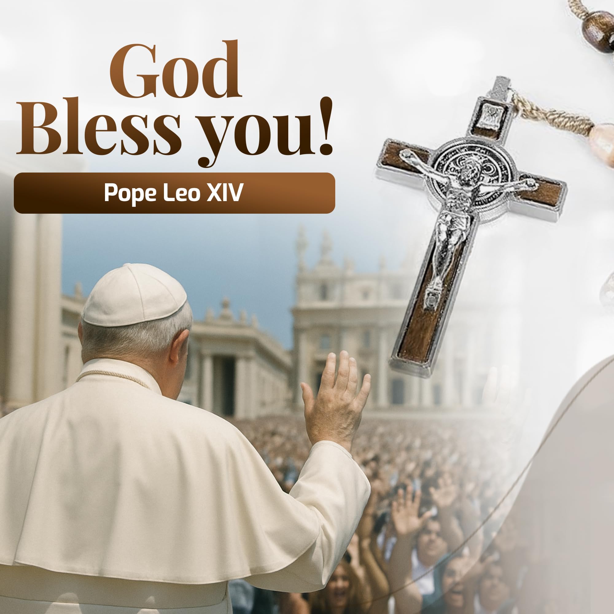 Italian Rosary with Pope Leo XIV Apostolic Blessing – Large Beads Catholic Necklace for Car Mirror, First Communion, Religious Keepsake Gift