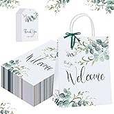 Queekay 36 Pcs Large Welcome Paper Gift Bags with Handle 10.6 x 8.3 x 4 Inches with 36 Tags Wedding Church Party Favor Bridal Gift Bags for Guest Birthday Baby Shower(Eucalyptus Leaf,Green and White)