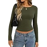 DCCISU Women's Boat Neck Long Sleeve Ribbed Tops Fitted Basic Shirts Soft Stretch Slim Going Out Tops