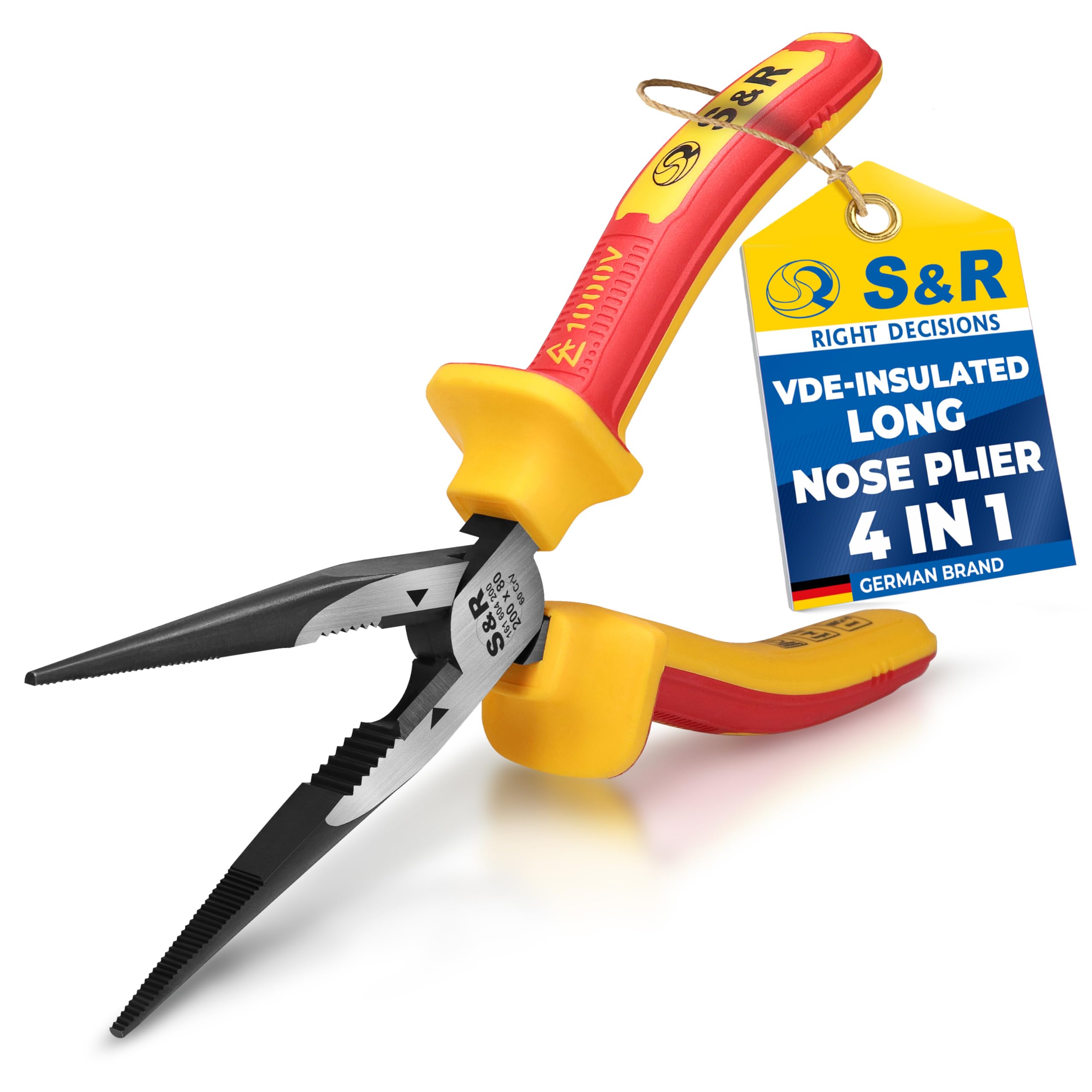 S&R VDE Long Flat Nose Pliers 200mm – 1000V Insulated | VDE-Certified | Chrome Vanadium Steel | Electrical Installation Tool