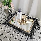 YANIZU Decorative Mirror Tray, Floral Vanity Organizer for Makeup, Jewelry, Perfume, Vintage Rectangular Display and Serving Tray for Dresser, Counter and Coffee Table, 9.5"x14.9", Silver Black