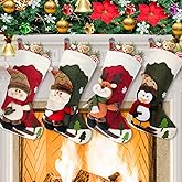 Dreampark Christmas Stockings 4 Pack 18" Big Xmas Stockings Decoration - Santa Snowman Reindeer Penguin Family Stockings for Home Decor Set of 4