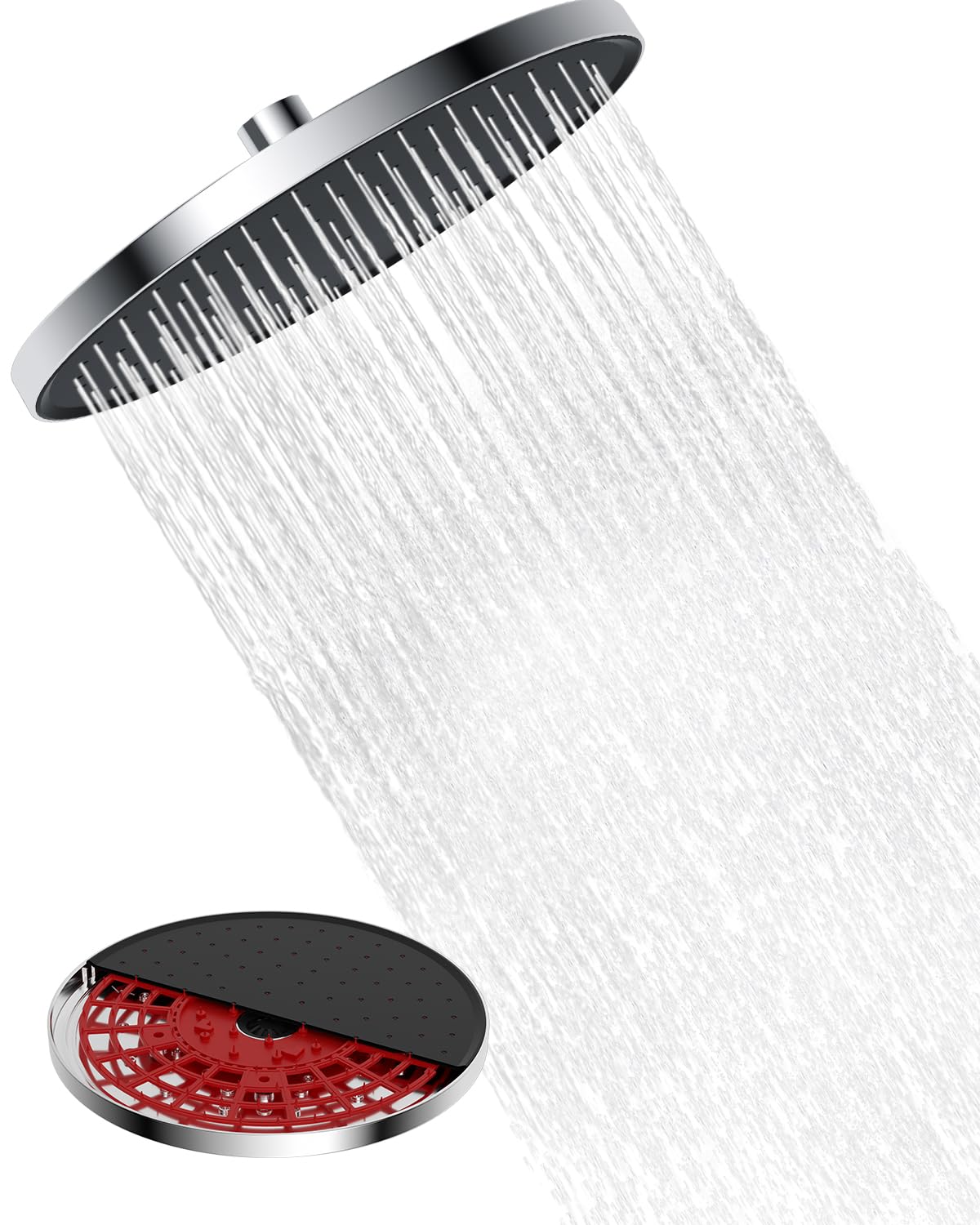 Hibbent Self-Cleaning Rainfall Shower Heads, Fixed Rainfall Shower Head 10 Inch, Round Powerful High Pressure Overhead Shower Head with self-Cleaning Mechanism, Chrome