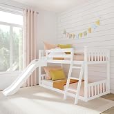 Max &amp; Lily Solid Wood Twin Over Twin Size Low Bunk Beds for Kids with Slide and Ladder, 400 lbs Weight Capacity, 14" Safety Guardrail, Anti-Slip Steps, White