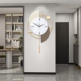 FILLOVE Large Decorative Wall Clock with Pendulum for Living Room, Matte White Half Circle &amp; Gray Striped Scalloped, White Marble Dial, Silent for Living Room, Bedroom, Study, Office