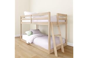 Grain & Grove Bear Twin Over Twin Bunk Bed, Low Bunk Bed Frame for Kids, Bunk with Ladder, Guardrail and Slats, No Box Spring Required, Oak Embossed Natural