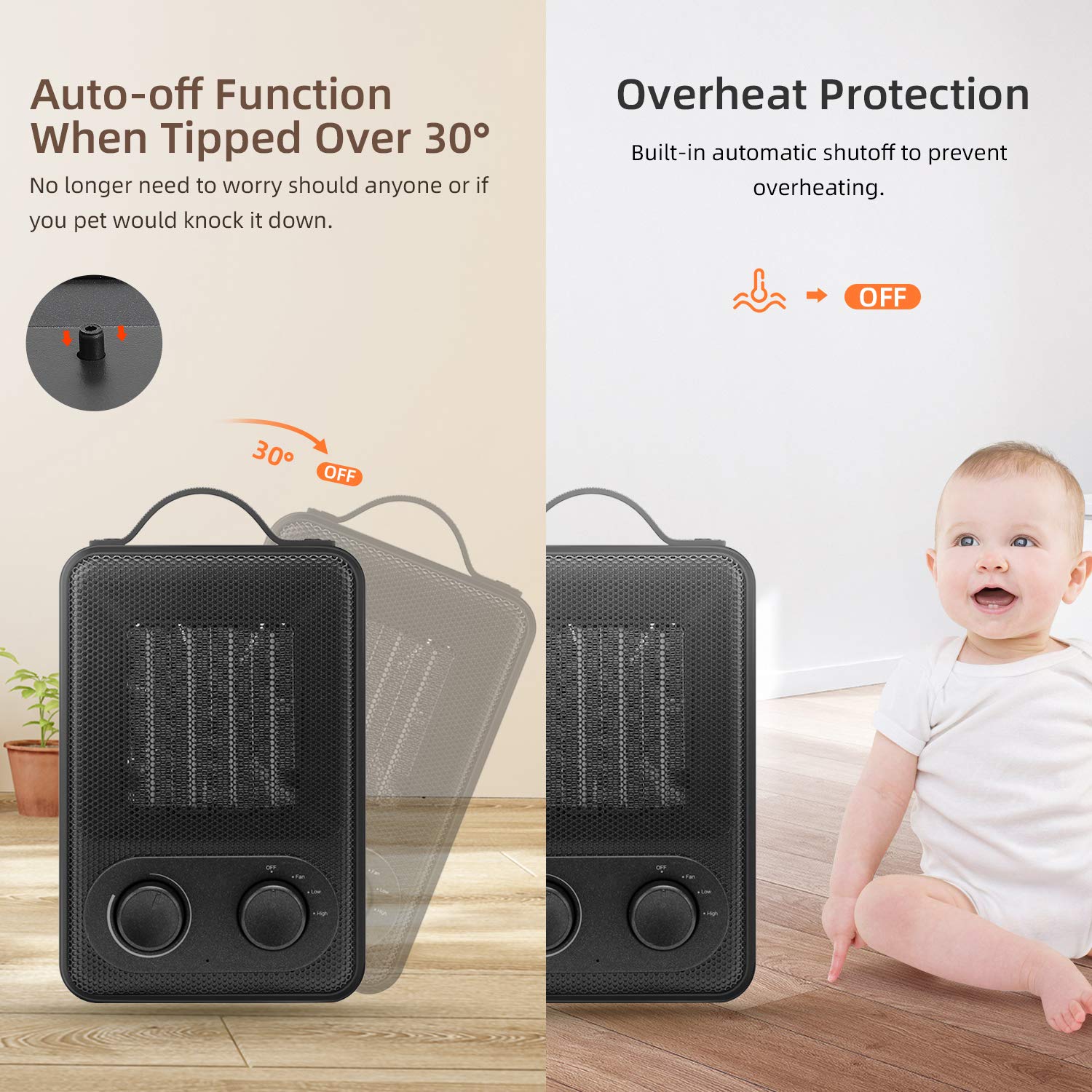 Heizlüfter Energiesparend Keramik Heizung 1800W/900W Kleiner Heizgerät 3 Heizstufe, 1s Aufheizen, Überhitzungs- Umkipps-Schutz, Oszillation, für Haus, Büro, Badezimmer, Baby - Uverbon