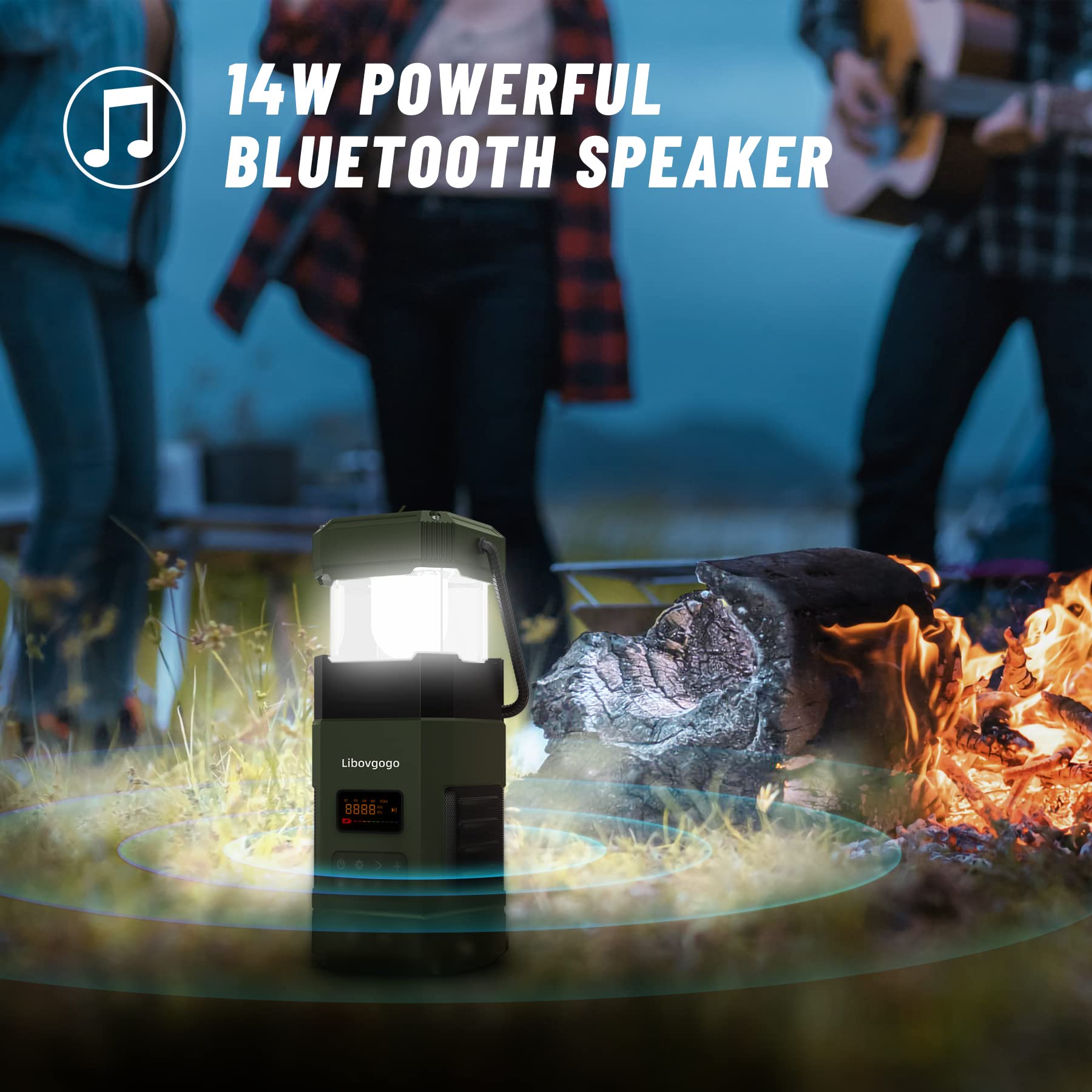 Wiederaufladbare LED Campinglampe, 3 Lichtmodi, IP65 wasserdichter Bluetooth Lautsprecher, 5000mah AM UKW Kurbelradio mit Handyladefunktion Solar, Taschenlampe, Stroboskoplicht, SOS Alarm 5
