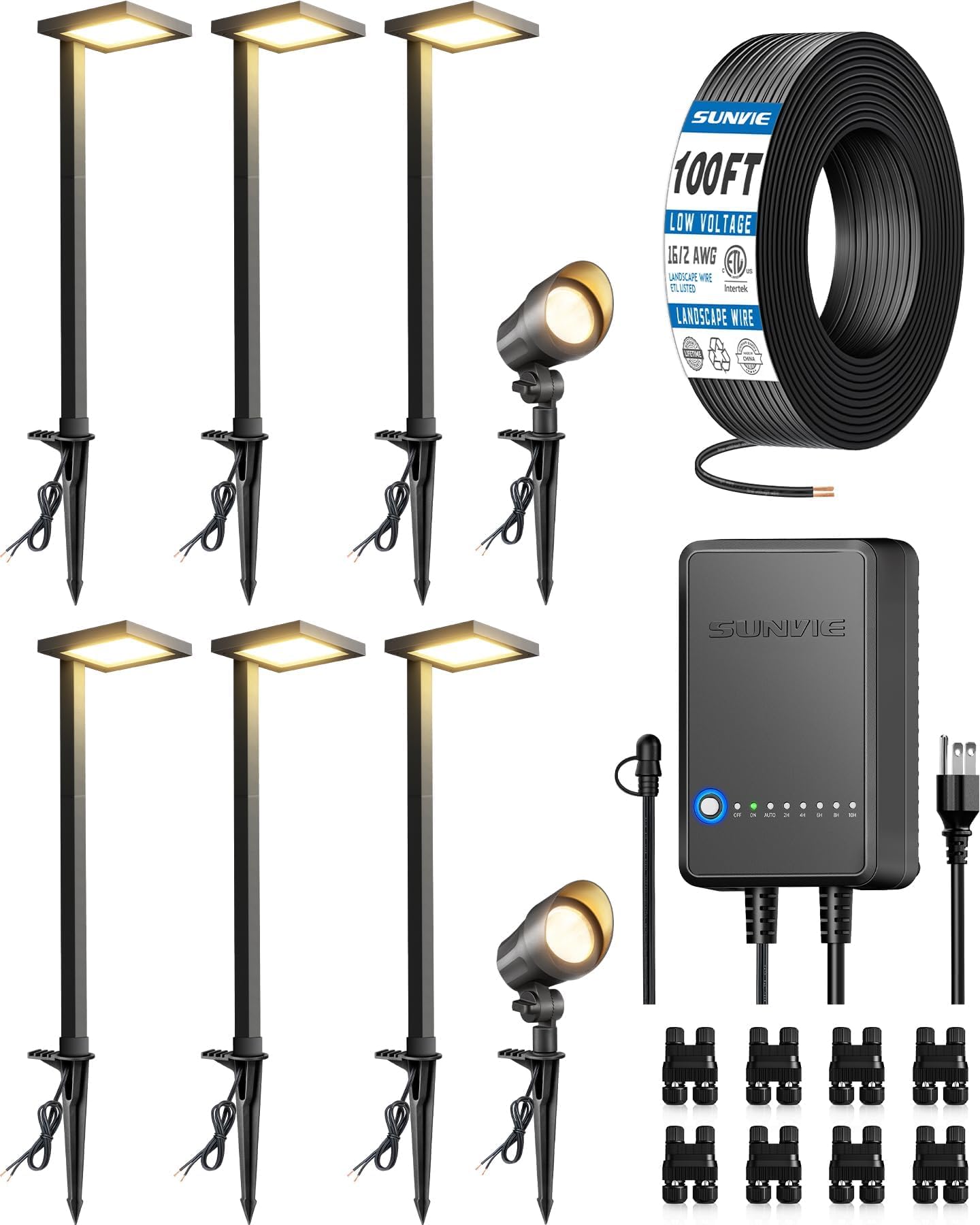 Photo 1 of SUNVIE All-in-ONE Landscape Lighting Kit 6-Pack Anti-glare LED Pathway Lights, 2-Pack Spotlights, 60W Transformer, 100FT 16/2 AWG Wire and Connectors Outdoor Landscape Lighting for Walkway Garden Yard