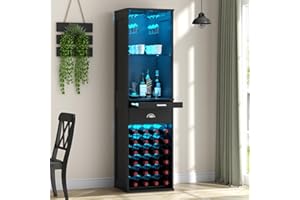 Loomie Wine Bar Cabinet with LED Lights, 65'' Tall Coffee Bar with 24 Wine Rack & Glass Holder, Freestanding Liquor Cabinet with Tray & Drawer & Adjustable Shelf (Black)