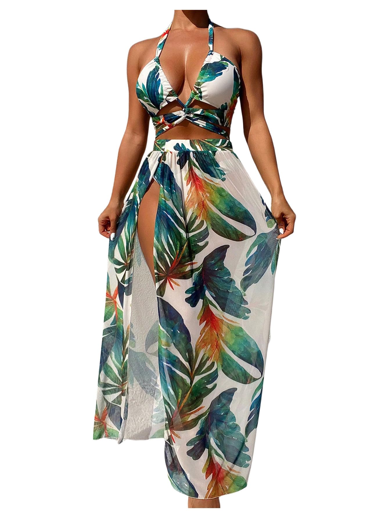 SweatyRocks Women's Crisscross Cutout Halter Bathing Suit with Swimsuit ...