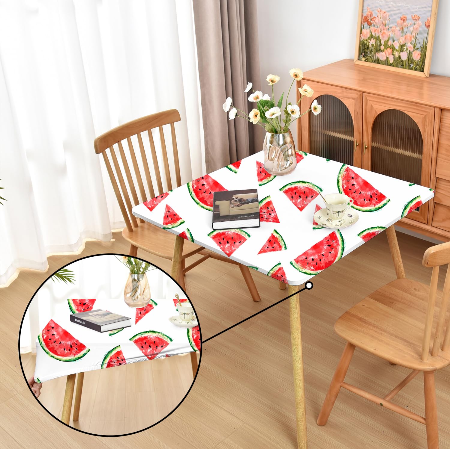 Photo 1 of Amonsa Summer Watermelon Fitted Tablecloth with Elastic for 38x38 inch Square Folding Tables Washable Stretchy Spandex Card Table Covers Cloth Fabric Table Cloths Not Vinyl