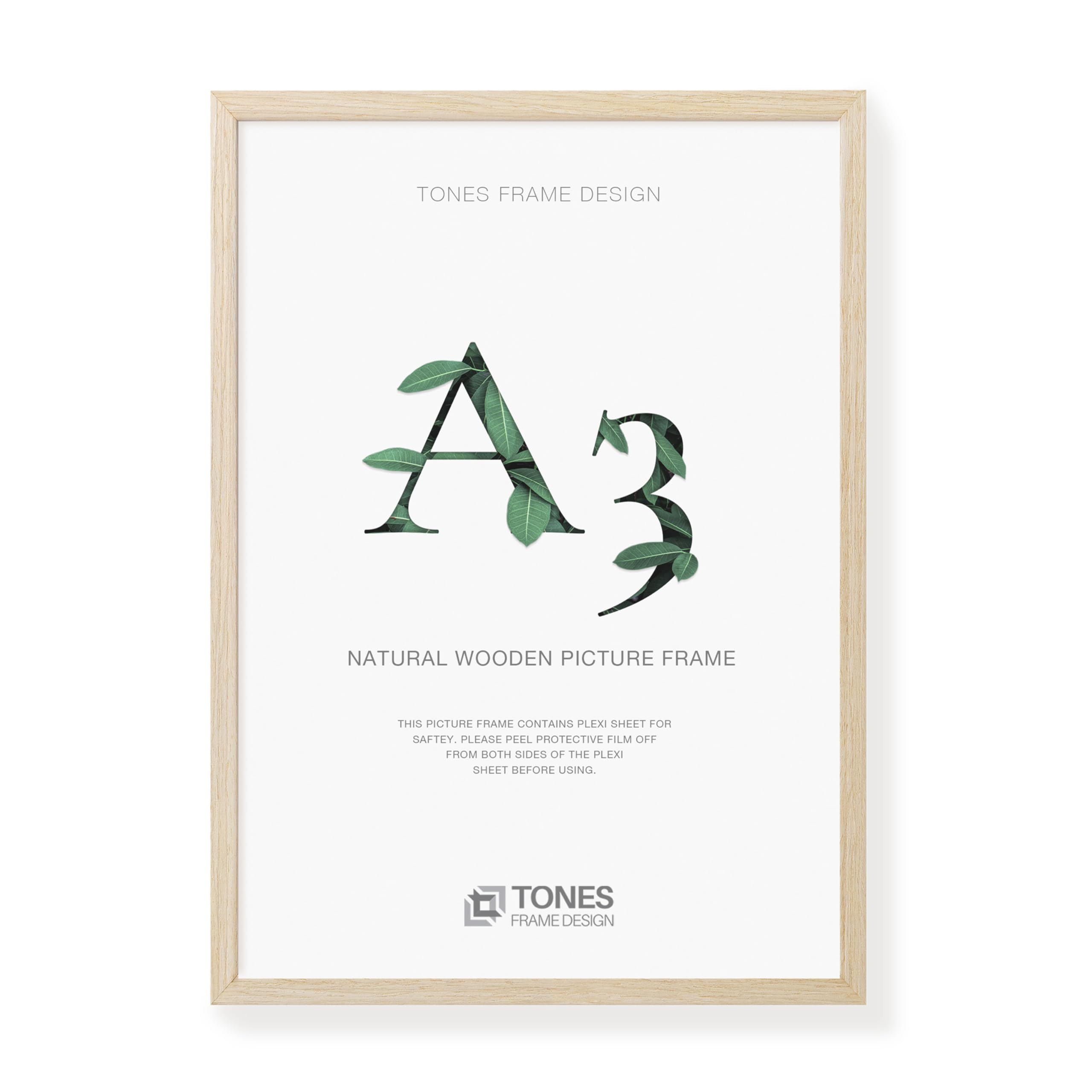 TONES FRAME DESIGN A3 Photo Frame, 29.7 x 41.9 cm, Wooden Picture Frame with Oak Veneer and Shatter-Resistant Plexiglass, Wall Frame for Portrait or Landscape, Posters, Prints, Certificates