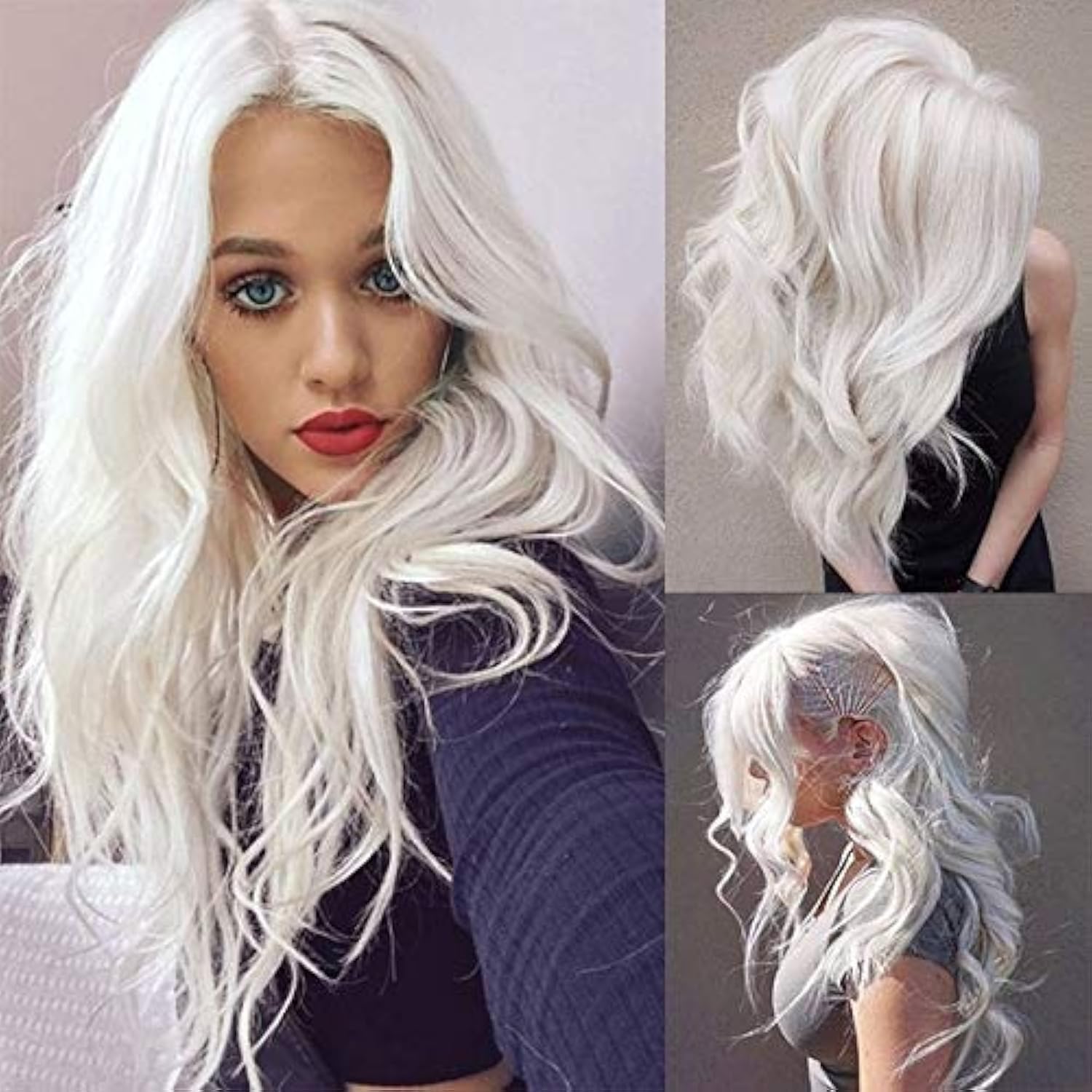 Milky White Wig Long Curly Wavy Women Synthetic Hair Wig Natural Middle Parting Cosplay Halloween Party Use(Milky White)