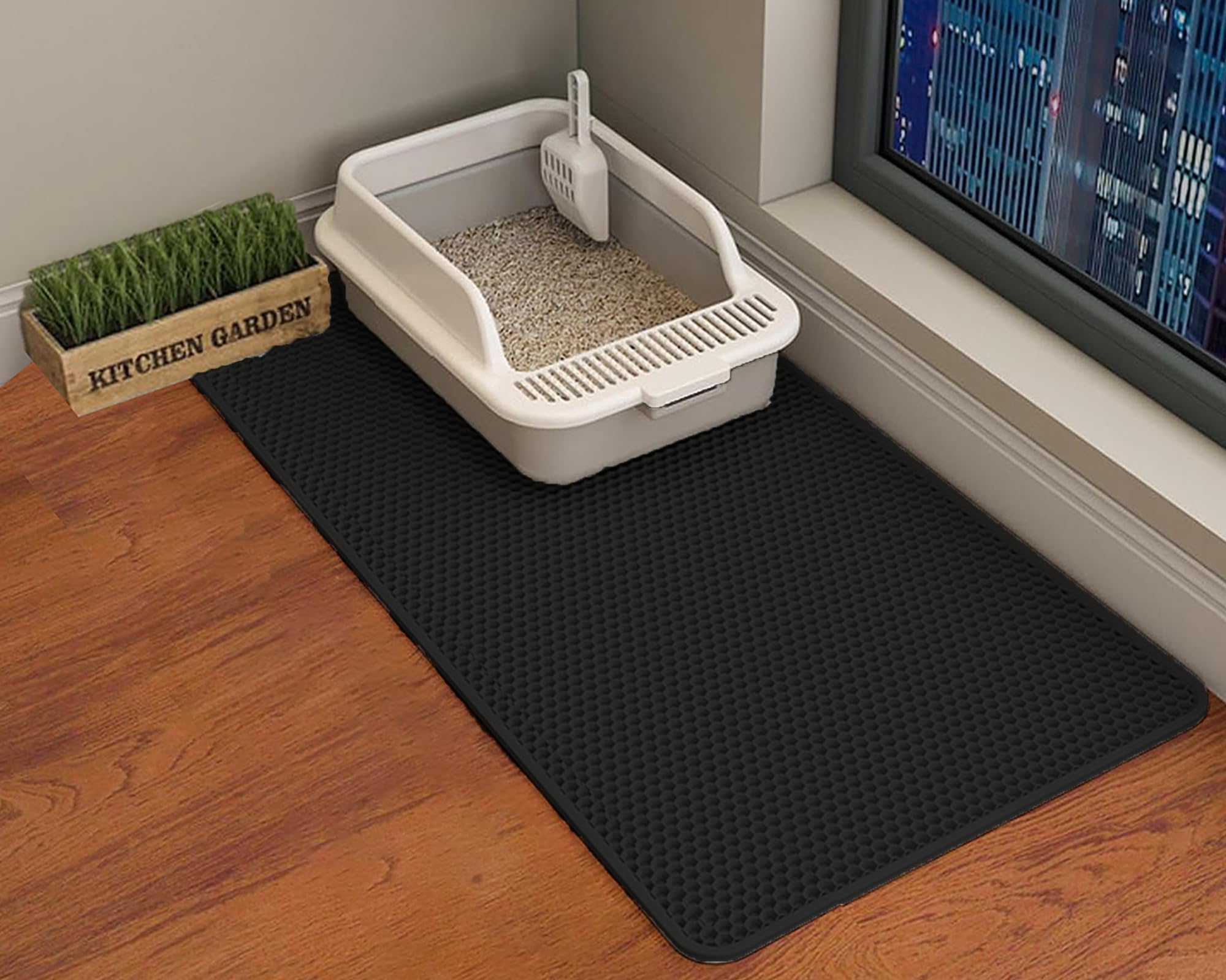 Photo 1 of Hcy&Wld Cat ter Mat, 45x26 Inch Extra Large&Long Double Layer Cat Litter Box Mat, EVA Non-Slip, Waterproof Urine Proof Cat Litter Catcher Mat, Easy Clean Scatter Control (45x26 Inch, Black)
