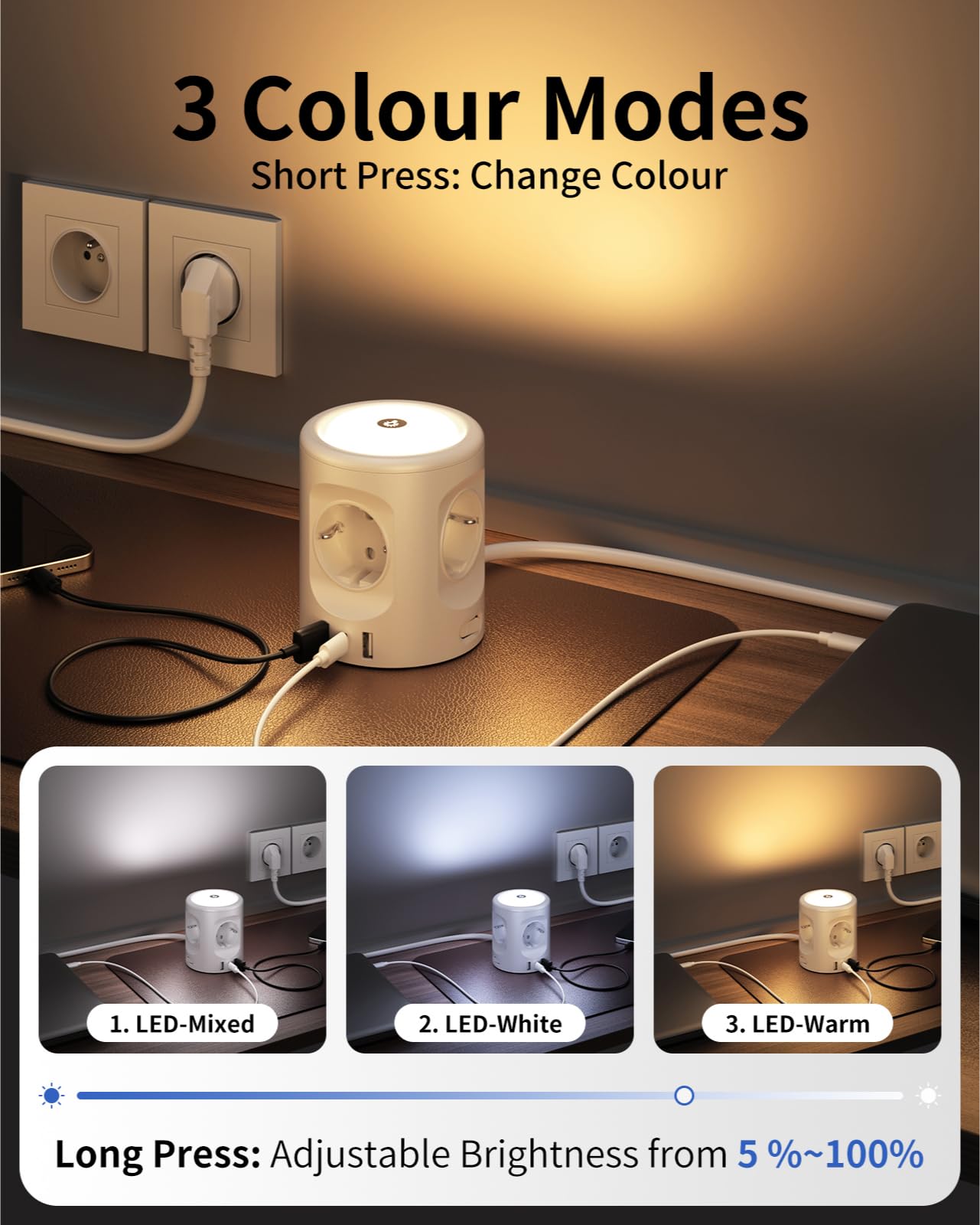 7 in 1 Steckdosenwürfel mit 3 USB, 4000W Mehrfachsteckdose Mit Schalter, 4 Fach Steckdosenleiste mit Licht, Mehrfachstecker Überspannungsschutz USB Stecker Würfel Verlängerungskabel 2M für Büro,Weiß 3