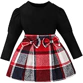 Noubeau Girl Skirt Sets Toddler Plaid Outfits Puff Sleeve Top Plaid Mini Skirt Kids Fall Winter Clothes