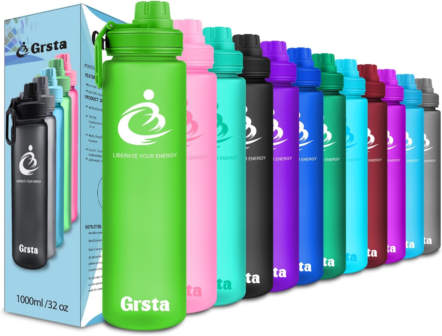 Grsta Sports Water Bottle - 700ml & 1000ml - Bpa Free & Eco Friendly Tritan Reusable Plastic - for Running,Gym,Yoga,Outdoors,Cycling,Camping - Wide Mouth-Fast Flow, Screw top Leak Proof Lid