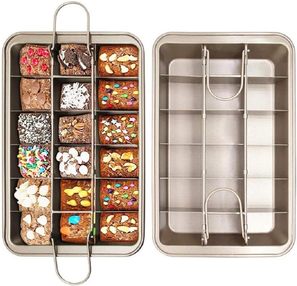 Non Stick Brownie Pans with Dividers, Divided Brownie Baking Tray with Grips, for Oven Baking, Slice Solutions Cake Bakeware, Square Baking Pan with Built-in Slicer, 12 by 8 inches, Champagne Gold