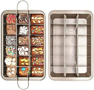 Non Stick Brownie Pans with Dividers, Divided Brownie Baking Tray with Grips, for Oven Baking, Slice Solutions Cake Bakeware, Square Baking Pan with Built-in Slicer, 12 by 8 inches, Champagne Gold